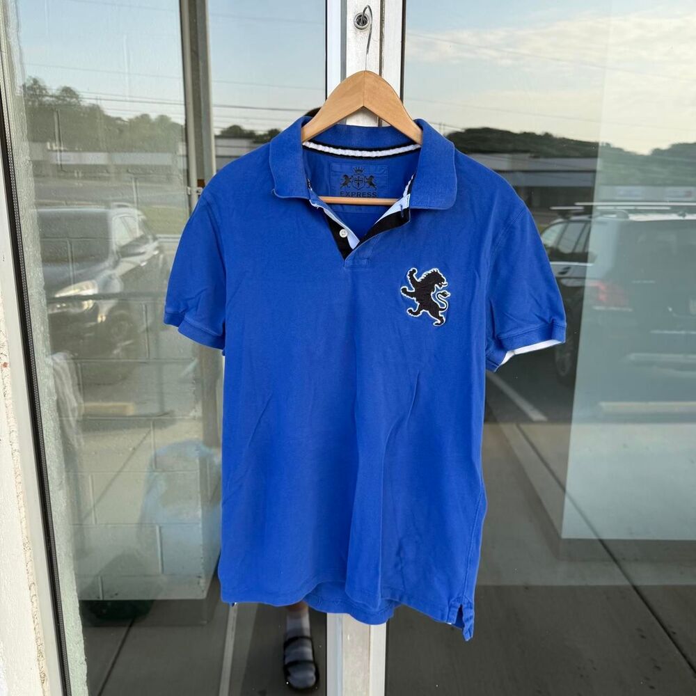 Y2K 2000’s Express Big Lion Pony Vibrant Blue Polo Size Large Collar